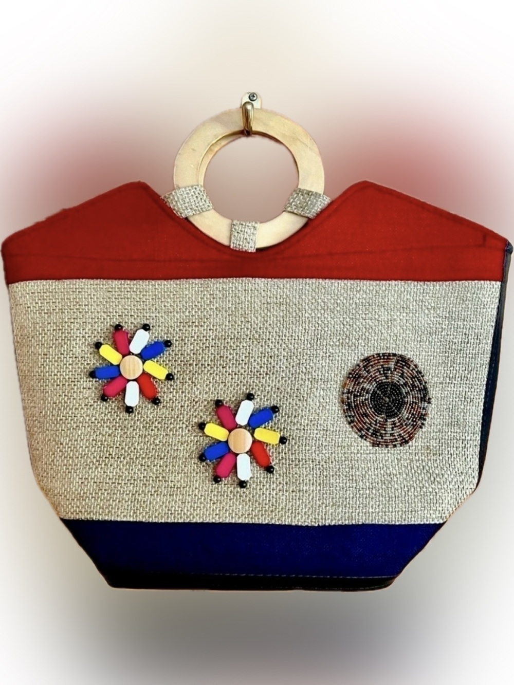 Handmade Kenyan Beaded Jute Tote Bag Wood Handle Ethnic Tribal Maasai Boho Purse